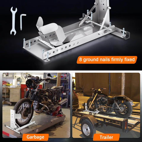 Heavy Duty Stainless Steel Motorcycle Wheel Chock Stand With Anti Rust Finish 3000 Lbs Load Capacity Universal Front Tire Stand For Motorcycles And Dirt Bikes Trailer Wheel Chocks Silver shown with mounted motorcycle and trailer setup