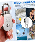 Person holding a single stainless steel pulley, showing the '32' marking, used for lifting and rigging, surrounded by usage examples.