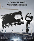 Stainless steel multifunctional tool set with tool card, key, and two wrenches.