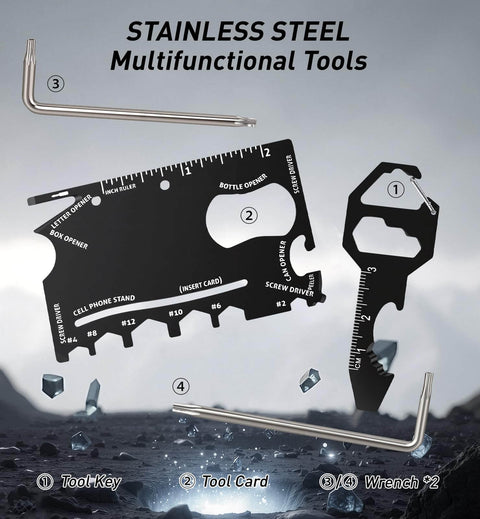 Stainless steel multifunctional tool set with tool card, key, and two wrenches.