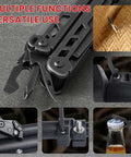 Close-up of 16 In 1 Stainless Steel Multitool Pliers with adjustable hex wrench and Damascus knife, showing diverse tool functions.