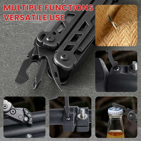 Close-up of 16 In 1 Stainless Steel Multitool Pliers with adjustable hex wrench and Damascus knife, showing diverse tool functions.