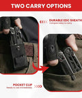 Person carrying 33-In-1 Stainless Steel Multitool with Pliers, Knife, Wire Cutter in nylon sheath and pocket clip for outdoor use
