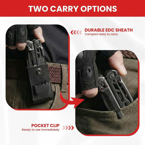 Person carrying 33-In-1 Stainless Steel Multitool with Pliers, Knife, Wire Cutter in nylon sheath and pocket clip for outdoor use
