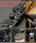 33-In-1 Stainless Steel Multitool With Pliers, Knife, Wire Cutter, Scissors, Saw, Outdoor Survival Functions Displayed