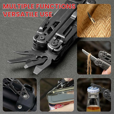 33-In-1 Stainless Steel Multitool With Pliers, Knife, Wire Cutter, Scissors, Saw, Outdoor Survival Functions Displayed