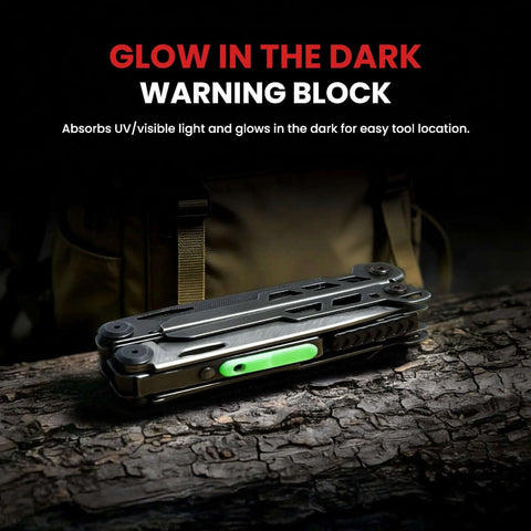 16 In 1 Stainless Steel Multitool Pliers With Adjustable Hex Wrench And Damascus Pocket Knife glowing in the dark on tree bark