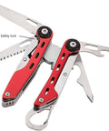 10-In-1 Stainless Steel Multitool With Safety Lock And Red Nylon Sheath Including Needle Nose Pliers Standard Pliers Wire Cutter Knife Saw Slotted And Phillips Screwdrivers Bottle Opener And Carabiner For Hiking Camping And Fishing.