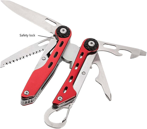 10-In-1 Stainless Steel Multitool With Safety Lock And Red Nylon Sheath Including Needle Nose Pliers Standard Pliers Wire Cutter Knife Saw Slotted And Phillips Screwdrivers Bottle Opener And Carabiner For Hiking Camping And Fishing.