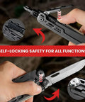 Close-up of self-locking feature on 33-In-1 Stainless Steel Multitool with pliers, knife, wire cutter, scissors, saw, bottle opener.