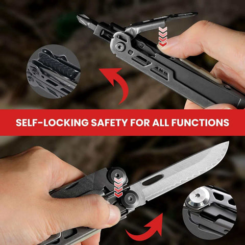 Close-up of self-locking feature on 33-In-1 Stainless Steel Multitool with pliers, knife, wire cutter, scissors, saw, bottle opener.