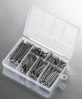 Open box showing 430 Pcs Stainless Steel 304 Nails Kit For Outdoor And Indoor Use With Mixed Lengths Five Eighths Inch To Two Inches.