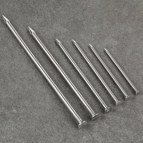 Six 304 stainless steel nails of varying lengths from 430 Pcs Stainless Steel 304 Nails Kit For Outdoor And Indoor Use With Mixed Lengths