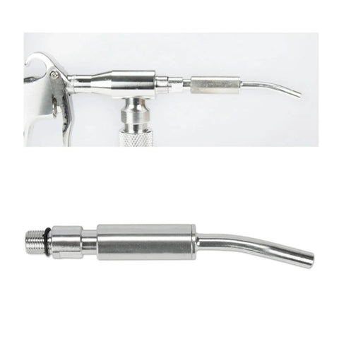 Stainless bearing tube nozzle set for car interior blow guns with M10x1 thread and 12 cm length, shown detached and attached views.