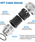 Exploded view of Built Tough 1 Inch NPT Stainless Steel Waterproof Cable Gland with IP68 Rating showing components and gaskets.