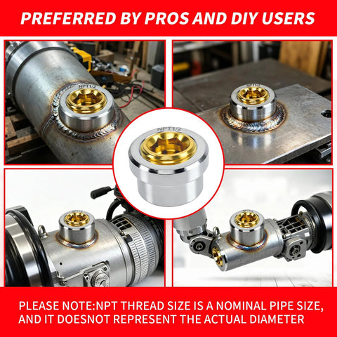 Three Eighths Inch NPT Stainless Steel 304 Female Weld Bung Mounting Fitting installed on various metal surfaces