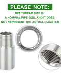 Close-up of 2 Pcs Stainless Steel Pipe Fittings Half Inch NPT Male To Half Inch NPT Female Threaded 2 Inch Nipple Cast Pipe with note on NPT size.
