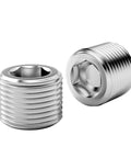 Close-up of stainless steel plugs from 20 Piece Stainless Steel Pipe Plug Fitting Assortment Kit With Five Sizes One Eighth Inch One Quarter Inch Three Eighths Inch One Half Inch Three Quarters Inch NPT Male Internal Hex Thread Socket Plugs For Sealing Pipe Ports In A Plastic Storage Box