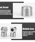 20 Piece Stainless Steel Pipe Plug Fitting Assortment Kit With Five Sizes in focus showing thread and multiple sizes text.