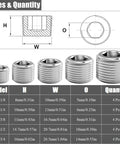 Image showing sizes and quantities of the 20 Piece Stainless Steel Pipe Plug Fitting Assortment Kit With Five Sizes One Eighth Inch One Quarter Inch Three Eighths Inch One Half Inch Three Quarters Inch NPT Male Internal Hex Thread Socket Plugs For Sealing Pipe Ports In A Plastic Storage Box.