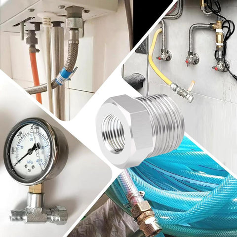 Stainless Steel Reducer Bushing One Inch Male NPT To Three Quarter Inch Female NPT Reducing Pipe Fitting Pack Of Two For Plumbing And Hoses High Pressure Up To One Hundred Fifty PSI Durable NPT Connector With Tight Seals And Easy Install For DIYers shown installed in plumbing system and with hoses