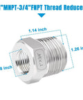 Stainless Steel Reducer Bushing One Inch Male NPT to Three Quarter Inch Female NPT Reducing Pipe Fitting with dimensions