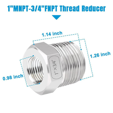 Stainless Steel Reducer Bushing One Inch Male NPT to Three Quarter Inch Female NPT Reducing Pipe Fitting with dimensions