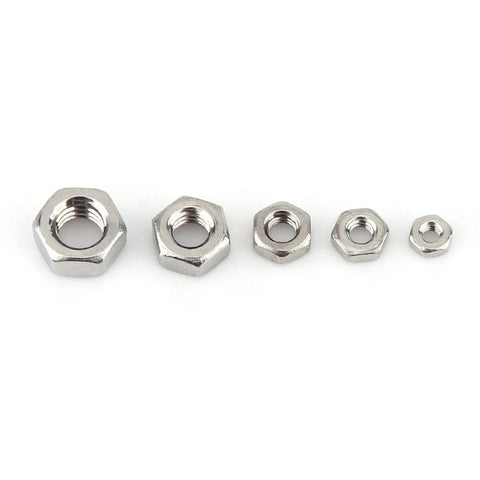 Five hex nuts of varying sizes from a 304 Grade Stainless Steel Screw And Nut Kit With 160 Pieces M2 M2.5 M3 M4 M5 Assortment