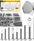 254 Piece 304 Stainless Steel Nuts and Bolts Kit With Flat Spring Washers Ten Common Sizes Fully Threaded in clear storage box