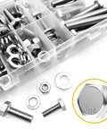 254 Piece 304 Stainless Steel Nuts and Bolts Kit With Flat Spring Washers Ten Common Sizes Fully Threaded in clear container