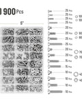 Nuts And Bolts Assortment Kit 900 Pcs Stainless Steel 304 Nuts Bolts Washers Screws Set with organized storage box and piece counts.