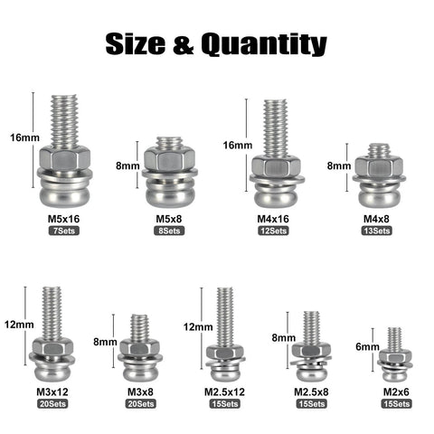 500 Pcs Stainless Steel Nut and Bolt Assortment Kit with M2 M2.5 M3 M4 M5 Metric Machine Screws size and quantity chart