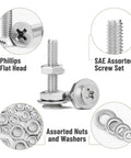 Nuts And Bolts Assortment Kit 900 Pcs Stainless Steel 304 Nuts Bolts Washers Screws Set For Hardware Projects, shown with Phillips flat head, SAE screw set, nuts, and washers.