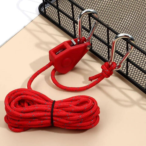 Stainless Steel Nylon Adjustable Rope Fastener With Fixed Buckle And Pulley For Awning Wind Ropes And Tent Ropes in red, coiled view