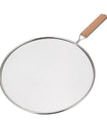 Front view of 1pc Stainless Steel Explosion-proof Oil Screen Cover Cooking Oil Filter Strainer Pan Cover with wooden handle.