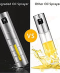 100ml Stainless Steel Olive Oil Spray Bottle Pro Grade Refillable Mister next to a typical oil sprayer, highlighting even dispersion.
