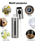 100ml Stainless Steel Olive Oil Spray Bottle Pro Grade Refillable Mister With Graduated Metal And Glass Design shown with uses