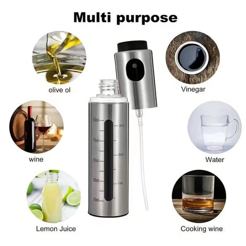 100ml Stainless Steel Olive Oil Spray Bottle Pro Grade Refillable Mister With Graduated Metal And Glass Design shown with uses