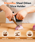 Person using Onion Slicer and Holder with Pro Grade 10 Stainless Steel Prongs for stable even slicing of onion on cutting board.