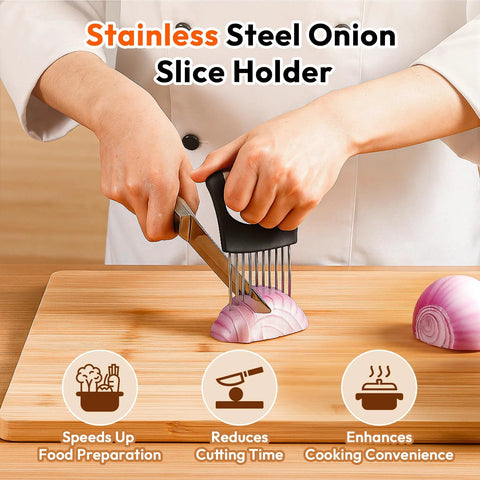 Person using Onion Slicer and Holder with Pro Grade 10 Stainless Steel Prongs for stable even slicing of onion on cutting board.