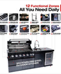 82 Inch Natural Gas Outdoor Kitchen Island with Grill - 6-Burner 85000 BTU, Height-Adjustable Infrared Rear Burner, Sink/Wine Cooler, Granite Countertops & Rotisserie Kit, For Patio, Lawn, Backyard with 12 functional zones including grill, sink, and refrigeration.
