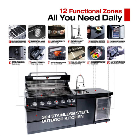 82 Inch Natural Gas Outdoor Kitchen Island with Grill - 6-Burner 85000 BTU, Height-Adjustable Infrared Rear Burner, Sink/Wine Cooler, Granite Countertops & Rotisserie Kit, For Patio, Lawn, Backyard with 12 functional zones including grill, sink, and refrigeration.