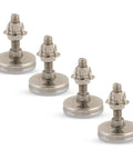 Beefy Stainless Steel Outdoor Leveler Kit with Four 3/8-16 leg levelers, jam nuts, four-prong T-nuts for furniture and table legs.