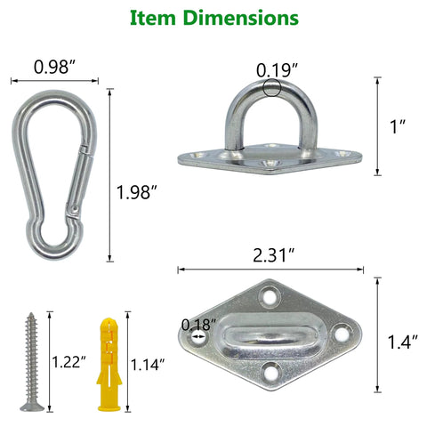 Eight Pcs 304 Stainless Steel Pad Eye Hooks And Eight Pcs Snap Hooks Set dimensions with screws and anchors.