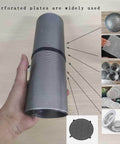 Person holding Durable 304 Stainless Steel Perforated Sheet With 0.06 Inch Holes And 0.02 Inch Thickness Measures 9.5 Inches Wide By 39 Inches Long For Solid Ventilation Filtration And Decorative Uses, surrounded by product applications.