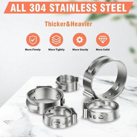 120 Pcs Half Inch PEX Cinch Clamps Rings 304 Stainless Steel Single Ear Hose Clamps on marble surface