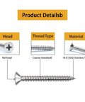 261pcs 304 Stainless Steel Wood Screws Assortment Kit showing flat head, coarse thread, 18-8 material details