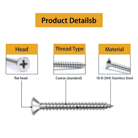 261pcs 304 Stainless Steel Wood Screws Assortment Kit showing flat head, coarse thread, 18-8 material details