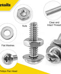 Close-up of Phillips pan head bolts, nuts, and flat washers from the 358 Pcs Machine Screws and Nuts Assortment Kit with #6-32 #8-32 #10-24.