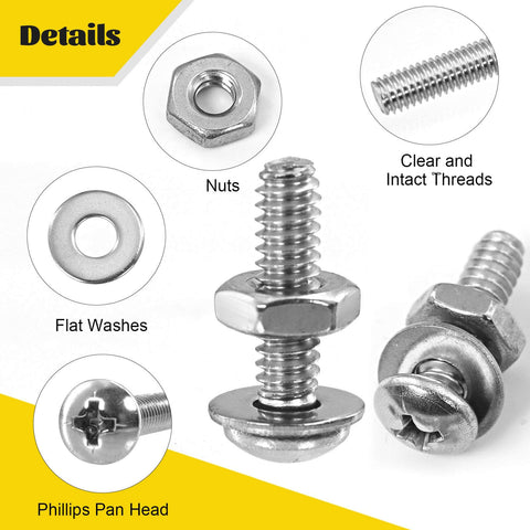 Close-up of Phillips pan head bolts, nuts, and flat washers from the 358 Pcs Machine Screws and Nuts Assortment Kit with #6-32 #8-32 #10-24.